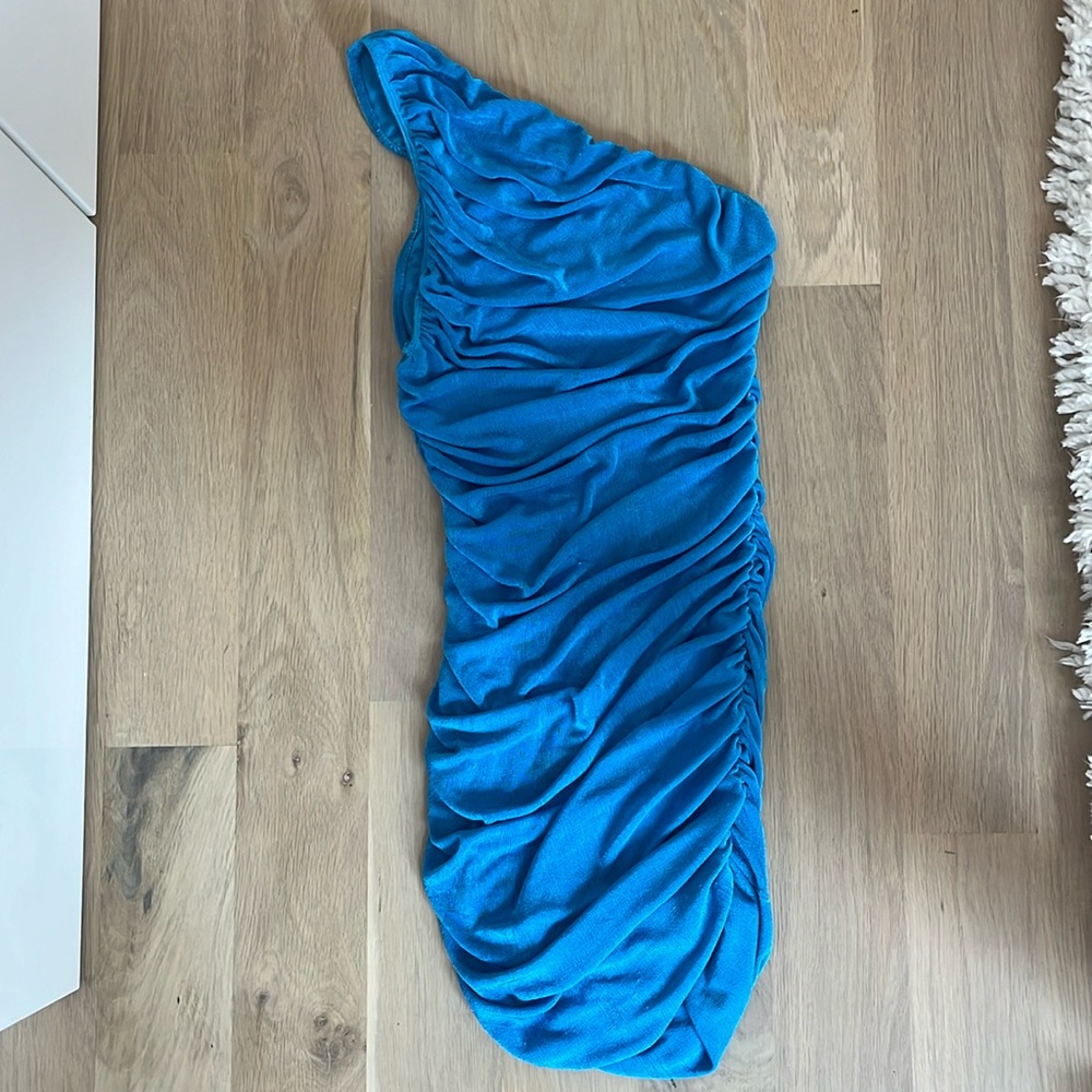 Blue slinky one shoulder mini dress